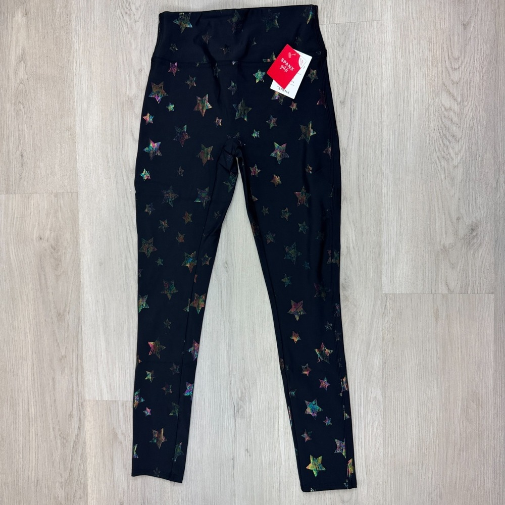 Spanx Girls Faux‎ Leather Leggings Size Large Black Rainbow Star Print